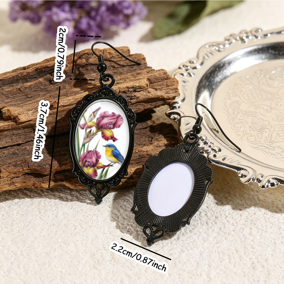 Women's Classic Purple Iris & Blue Bird Oval Earrings